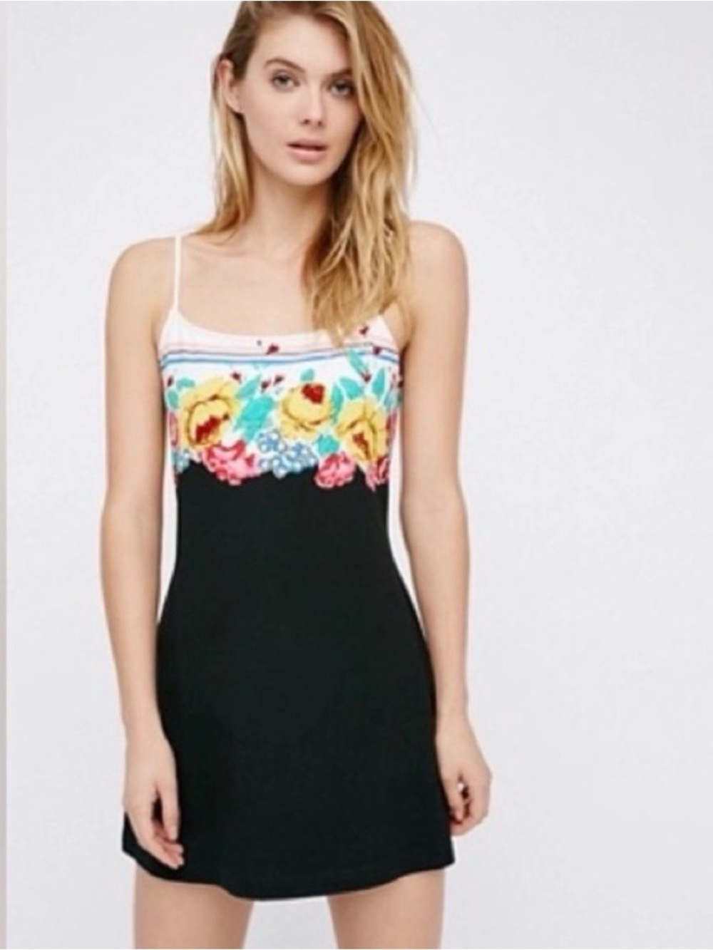 Free People M Floral Mini Dress Black Y2K Hippie Fairy Cami Boho Beach NWT
